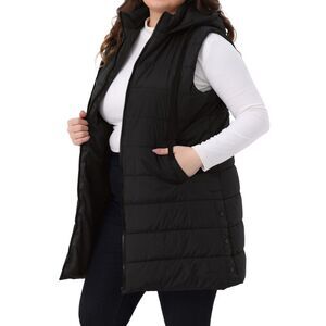 Plus Size Long Puffer Vest Hooded Zip Up Casual Quilted Jacket Black